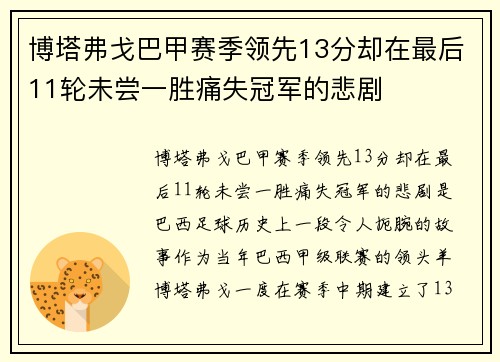 博塔弗戈巴甲赛季领先13分却在最后11轮未尝一胜痛失冠军的悲剧